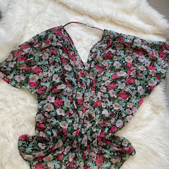 Victoria's Secret Open-back tunic/caftan MEDIUM dark floral print peep arms - Picture 2 of 5